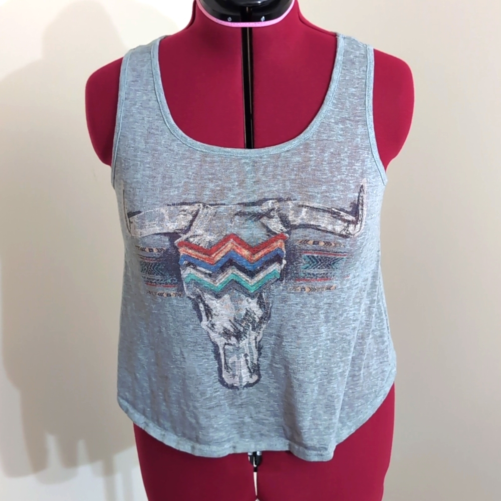 Ardene| Grey Tank Top With Cow Skull Multicolored Design Slit Back 3 Ribbons
